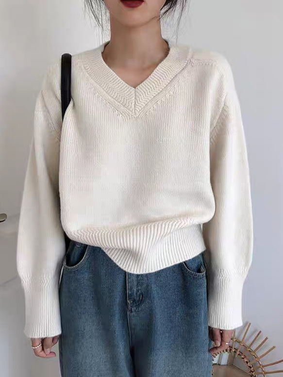 Women V-Neck Solid Color Long Sleeve Sweater Loose Fit Pullover - Image 3