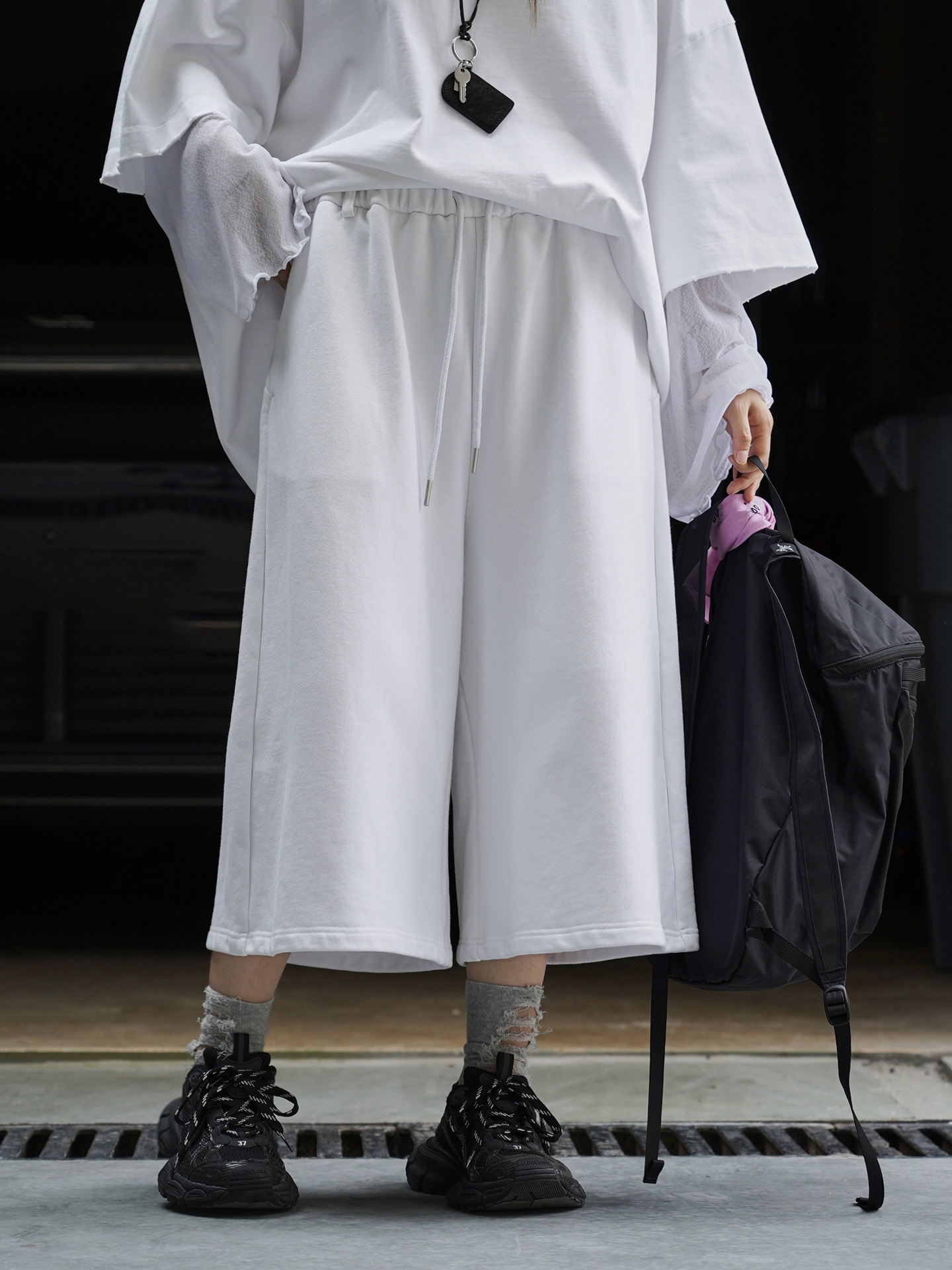 Knitted Cropped Pants Loose Fit Elastic Waist Casual Pants