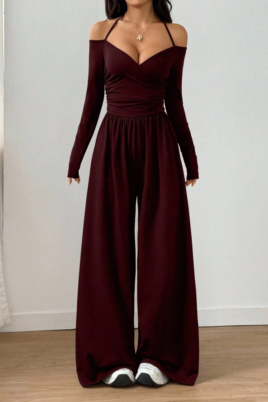 The Nadege Halter V Neck Long Sleeve Wide Leg Jumpsuit Detail – La Rose Couture Dresses & Gowns