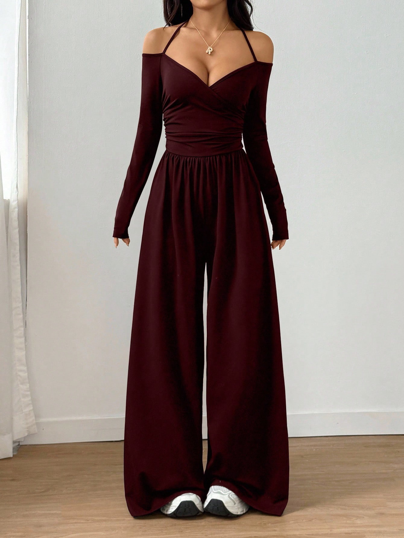 Women's Halter V-Neck Long Sleeve Wide Leg Jumpsuit - Image 4