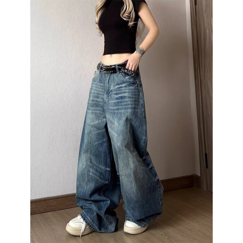 Vintage Distressed High-Waist Wide-Leg Floor-Length Denim Pants for Women - Image 2