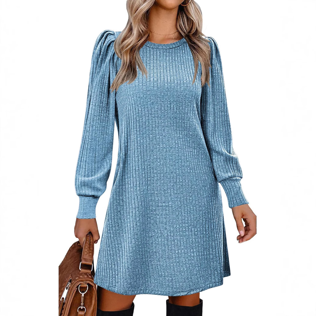 Solid Color Round Neck Puff Sleeve Mid-Length Dress - Image 5