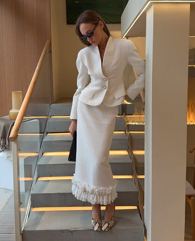 The Vivienne Elegant Two Piece V Neck Long Sleeve White Skirt Suit – La Rose Couture Trousers & Skirts
