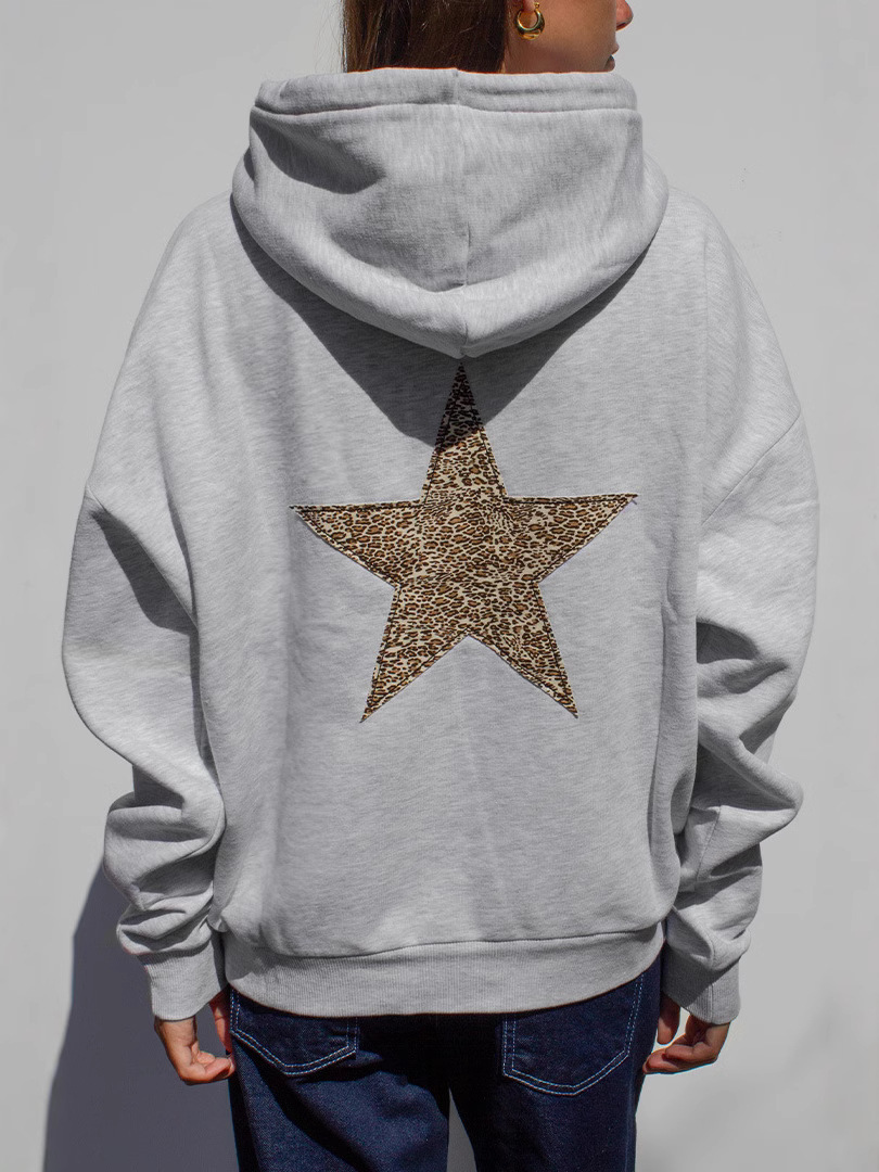 Women's Leopard Print Star Patch Fleece Hooded Sweatshirt - Image 3