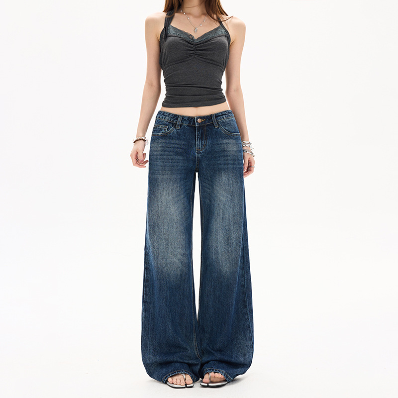 Women's Low-Rise Cotton Straight-Leg Dark Blue Denim Jeans - Image 5