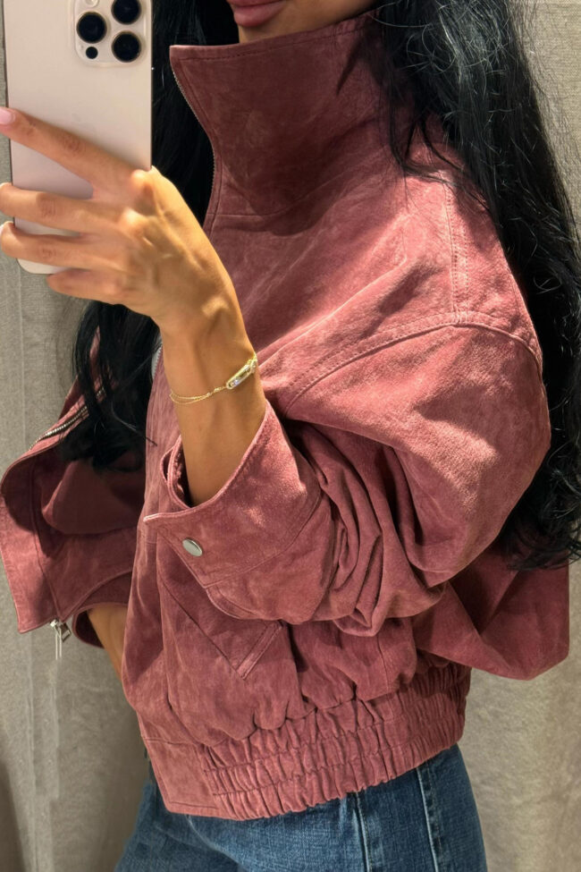 The Manon Solid Stand Collar Zipper Non Iron Bomber Jacket Detail – La Rose Couture Coats & Jackets