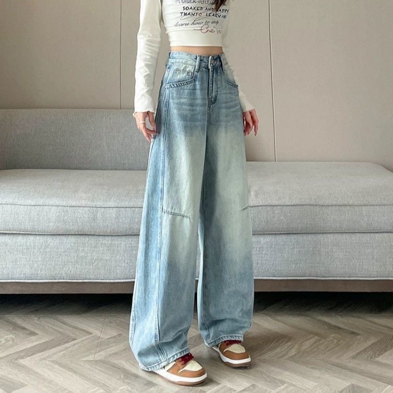 Women's Vintage Blue High-Waisted Curved-Leg Denim Trousers