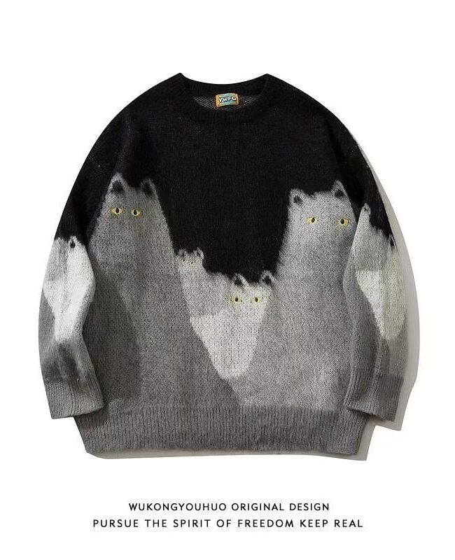The Apolline Cartoon Cat Jacquard Knitted Sweater Detail – La Rose Couture Coats & Jackets