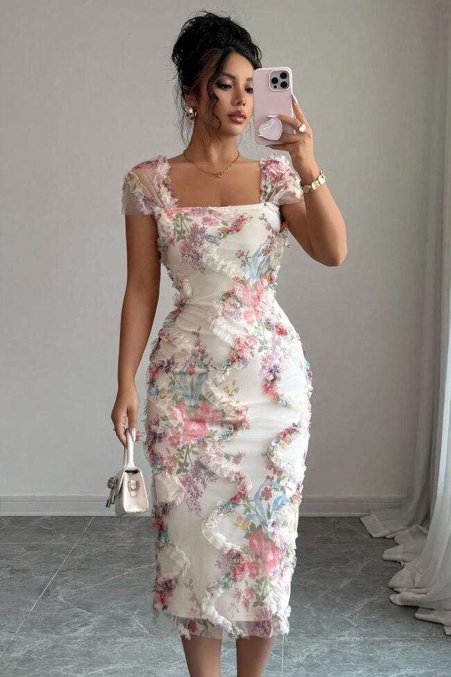 The Cecile Elegant Mesh Floral Print Pleated Dress – La Rose Couture Dresses & Gowns