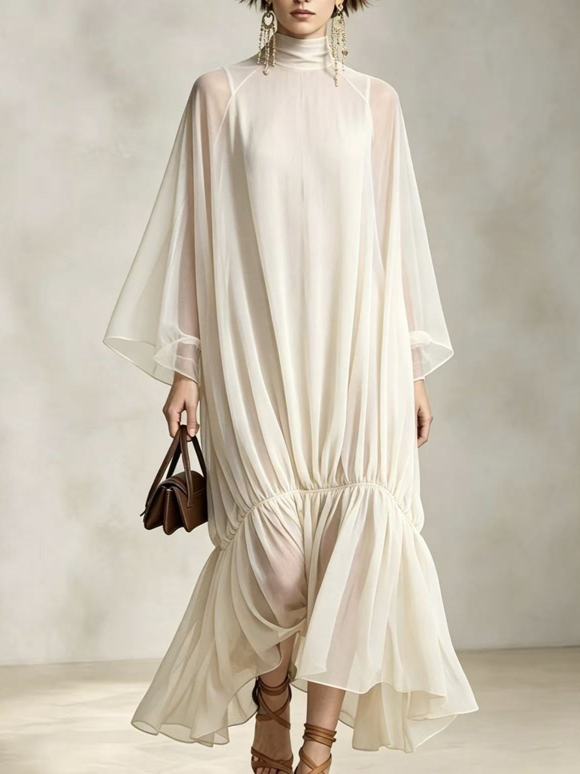Loose Fit Pleated Dress with Batwing Sleeves - Image 4