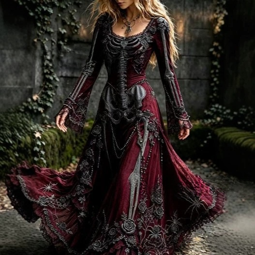 Lady's retro gothic skull rose print long-sleeved dress - Image 2