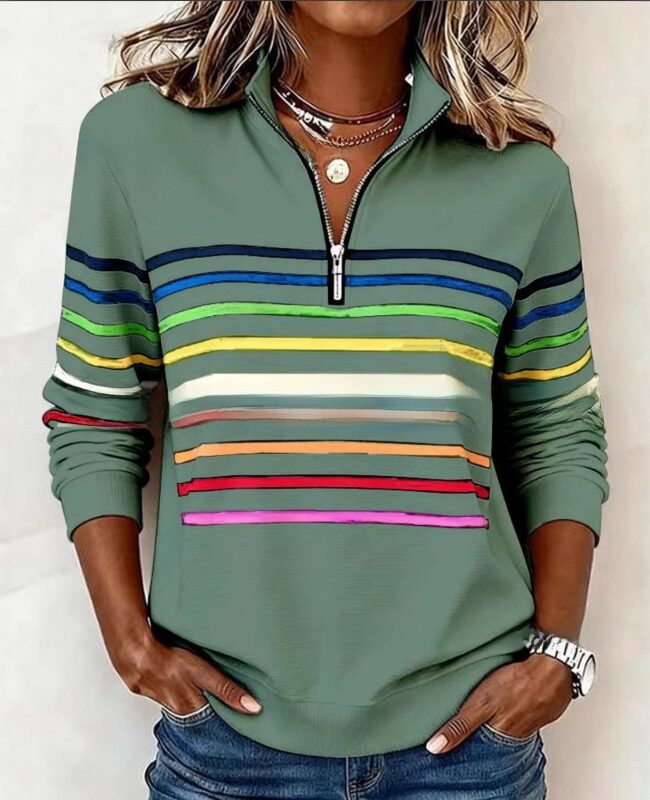 The Cyrielle Colorful Striped Half Zip Stand Collar Long Sleeve Sweatshirt Detail – La Rose Couture Tops & Blouses