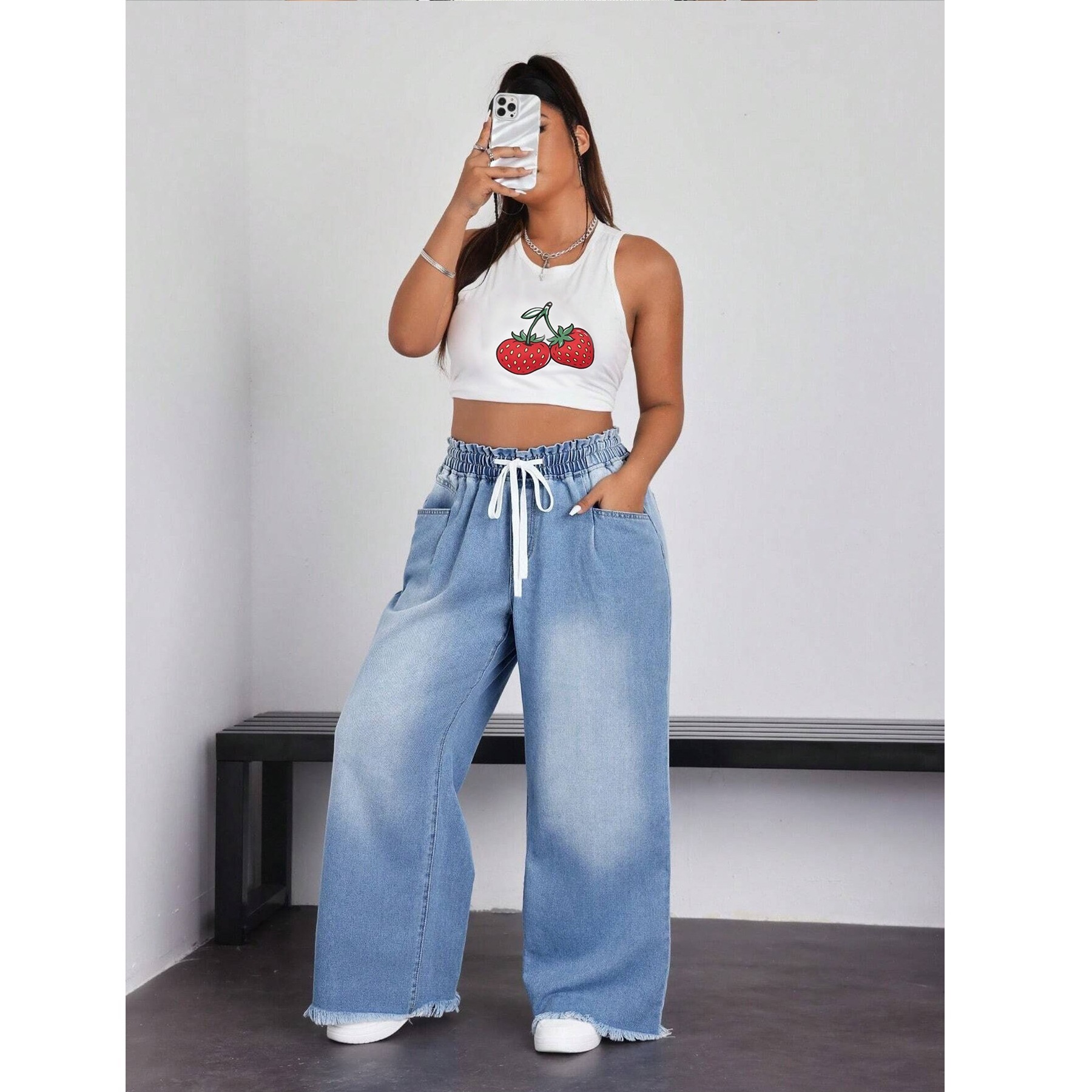 Women's Drawstring Wide Leg Jeans Distressed Raw Hem Trousers - Image 2