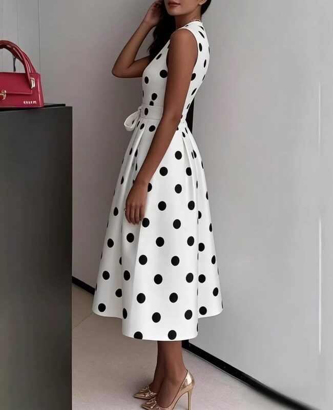 The Adrienne Elegant Polka Dot Slimming Dress Detail – La Rose Couture Dresses & Gowns
