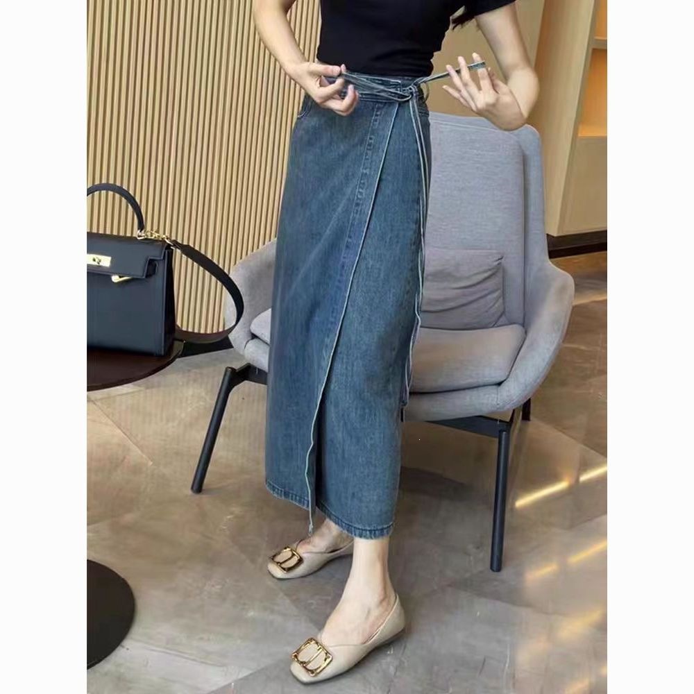 Tie-Up High Waisted Denim Skirt with Slit - Image 4