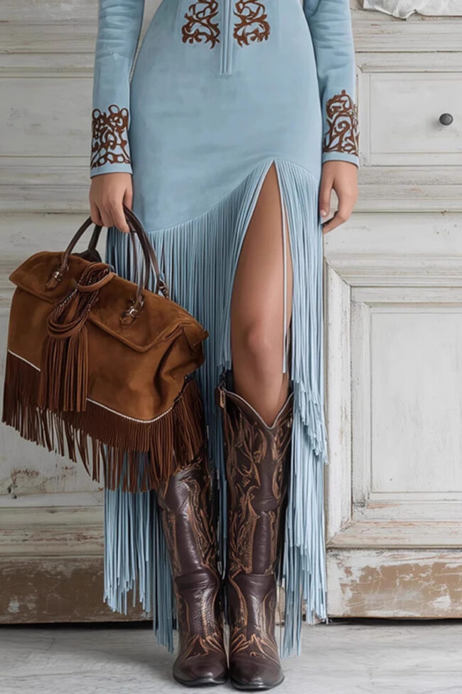 The Seraphine Retro Ethnic Tassel Floral Zipper Long Dress Detail – La Rose Couture Dresses & Gowns