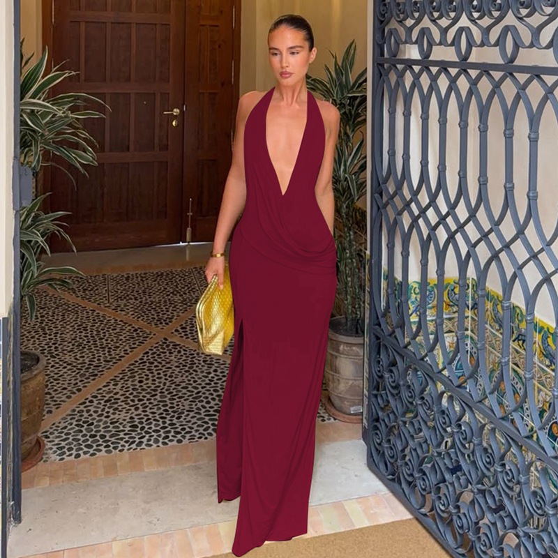 Halter Neck Deep V Backless Slit Dress - Image 5