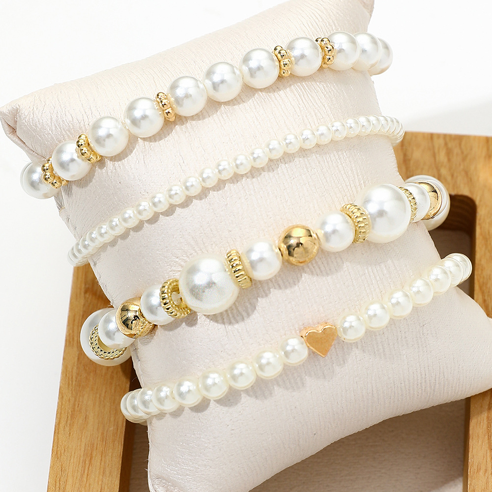 Creative Love Heart Imitation Pearl Round Bead Bracelet 4-Piece Set - Image 2