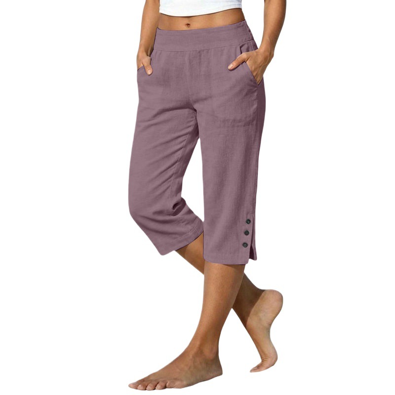 Womens Fashion Casual Loose Fit Cropped Pants Cotton Linen High Waist Pants with Pockets - Image 3