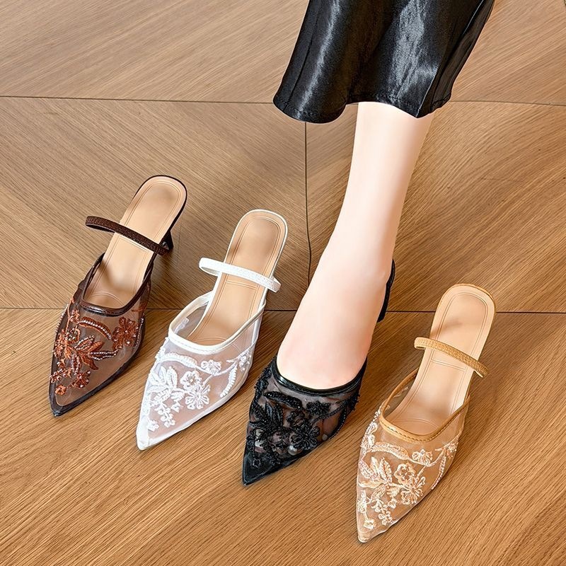 Lace Pointed Toe Mule Sandals - Image 5