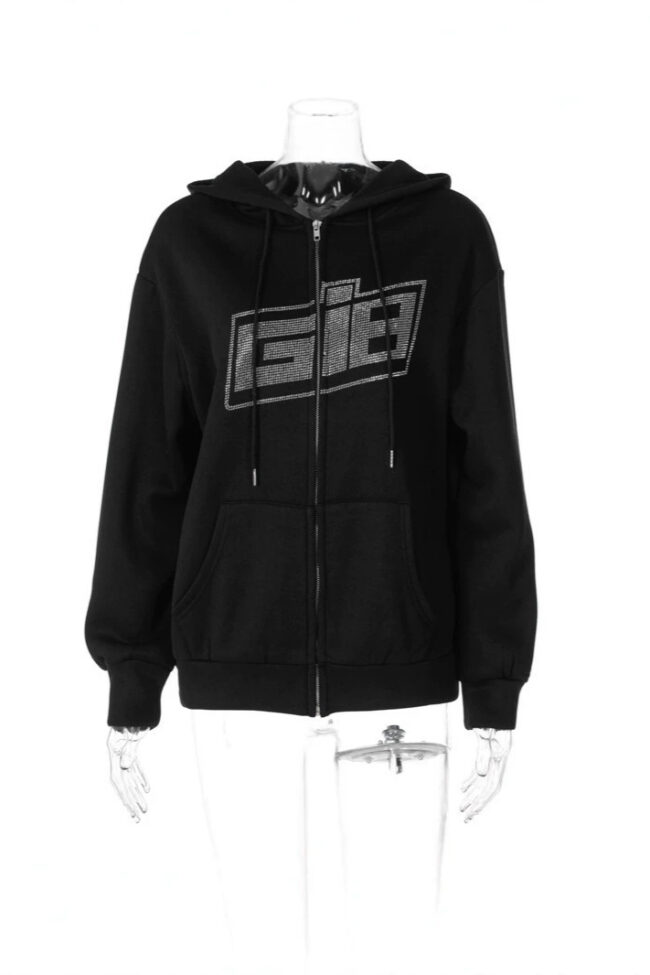 The Rosalie Zip Up Hoodie with Rhinestone Lettering Detail – La Rose Couture Tops & Blouses
