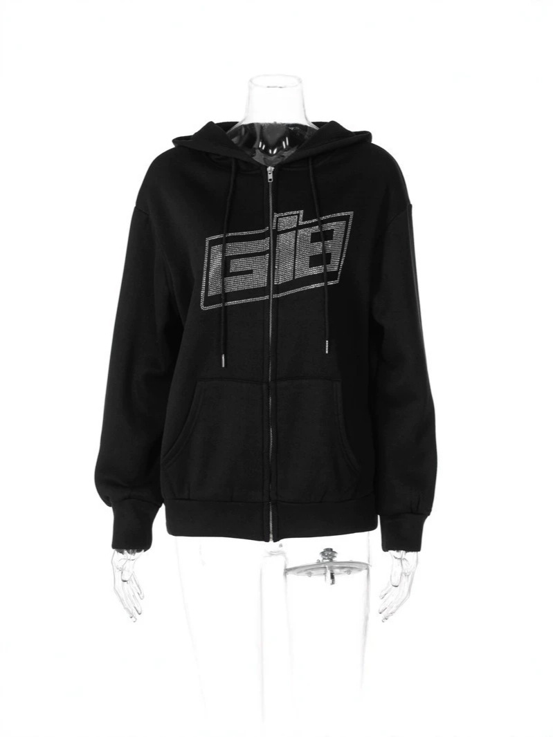 Zip Up Hoodie with Rhinestone Lettering - Image 5