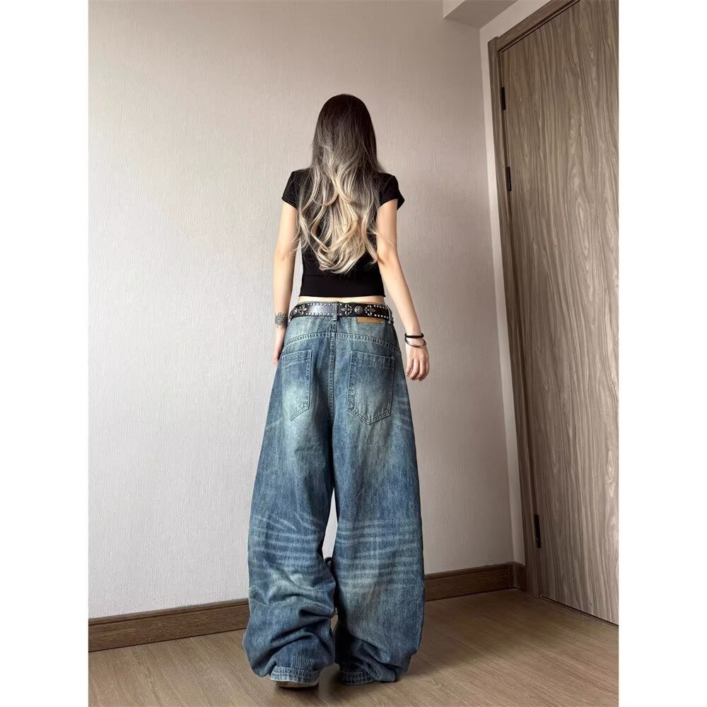 Vintage Distressed High-Waist Wide-Leg Floor-Length Denim Pants for Women - Image 4