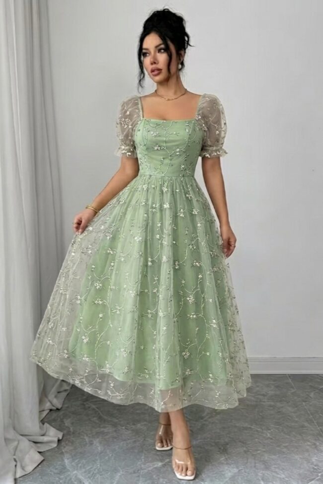 The Clothilde Square Neck Puff Sleeve Embroidered Mesh Midi Dress – La Rose Couture Dresses & Gowns