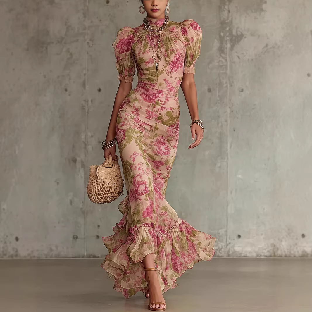 French Floral Puff Sleeve Slim Fit Long Dress - Image 3