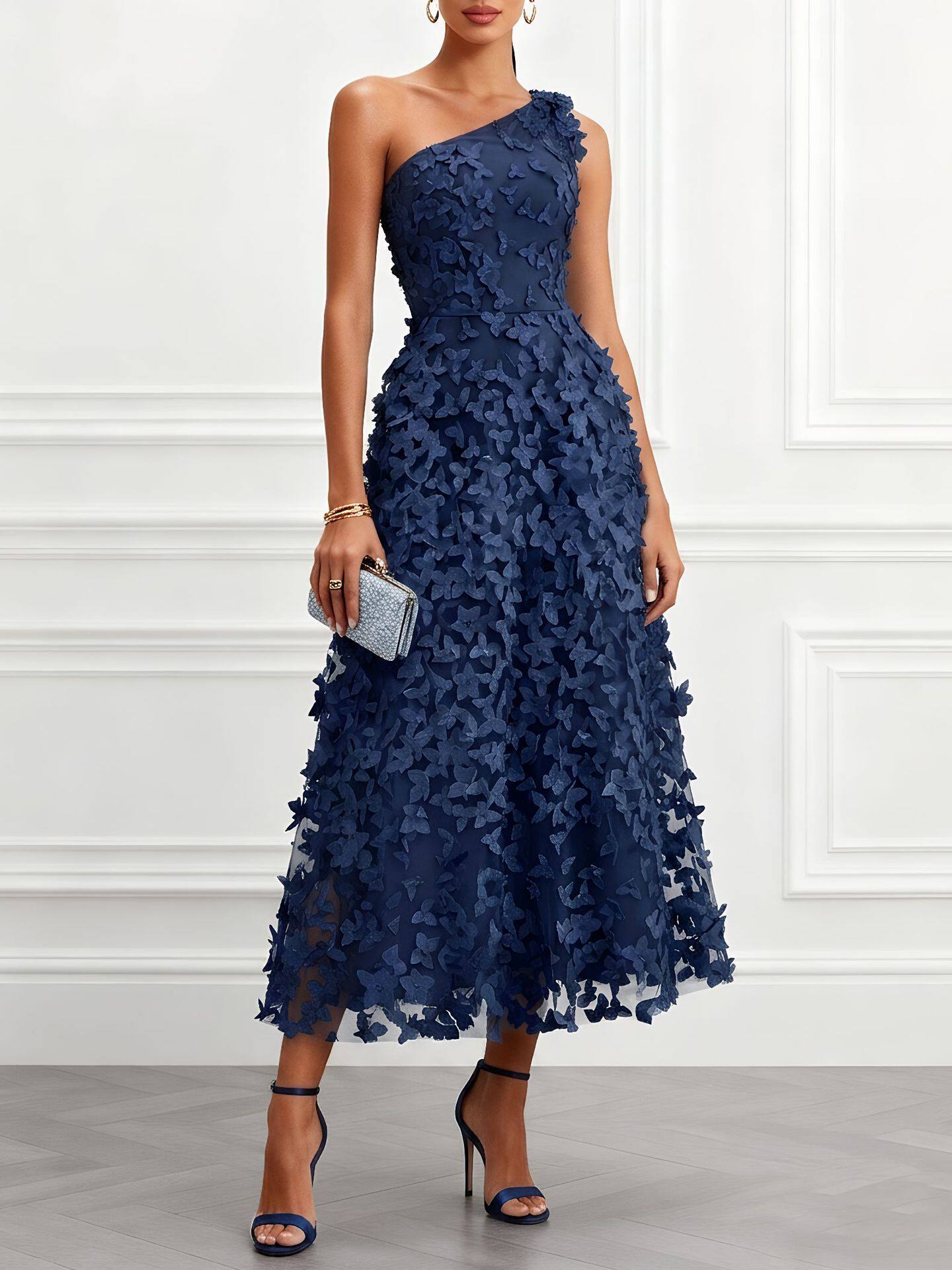 One-Shoulder Three-Dimensional Floral Dress for Women - Image 3