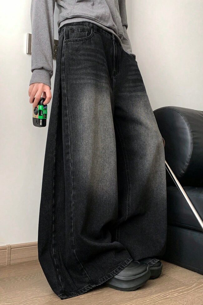 The Solene Black Washed Wide Leg Denim Pants Detail – La Rose Couture Trousers & Skirts