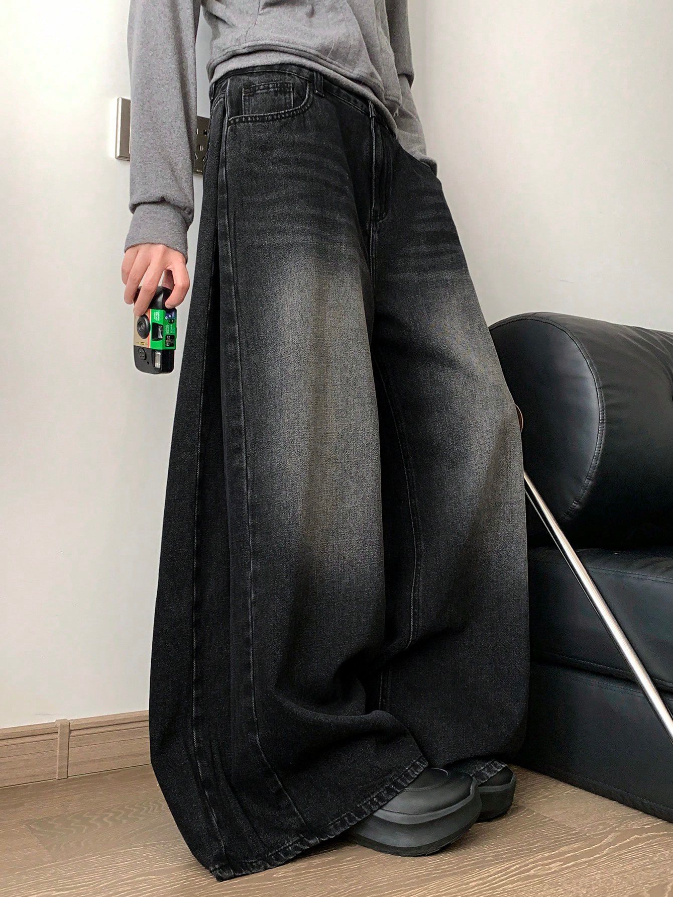Black Washed Wide Leg Denim Pants - Image 4
