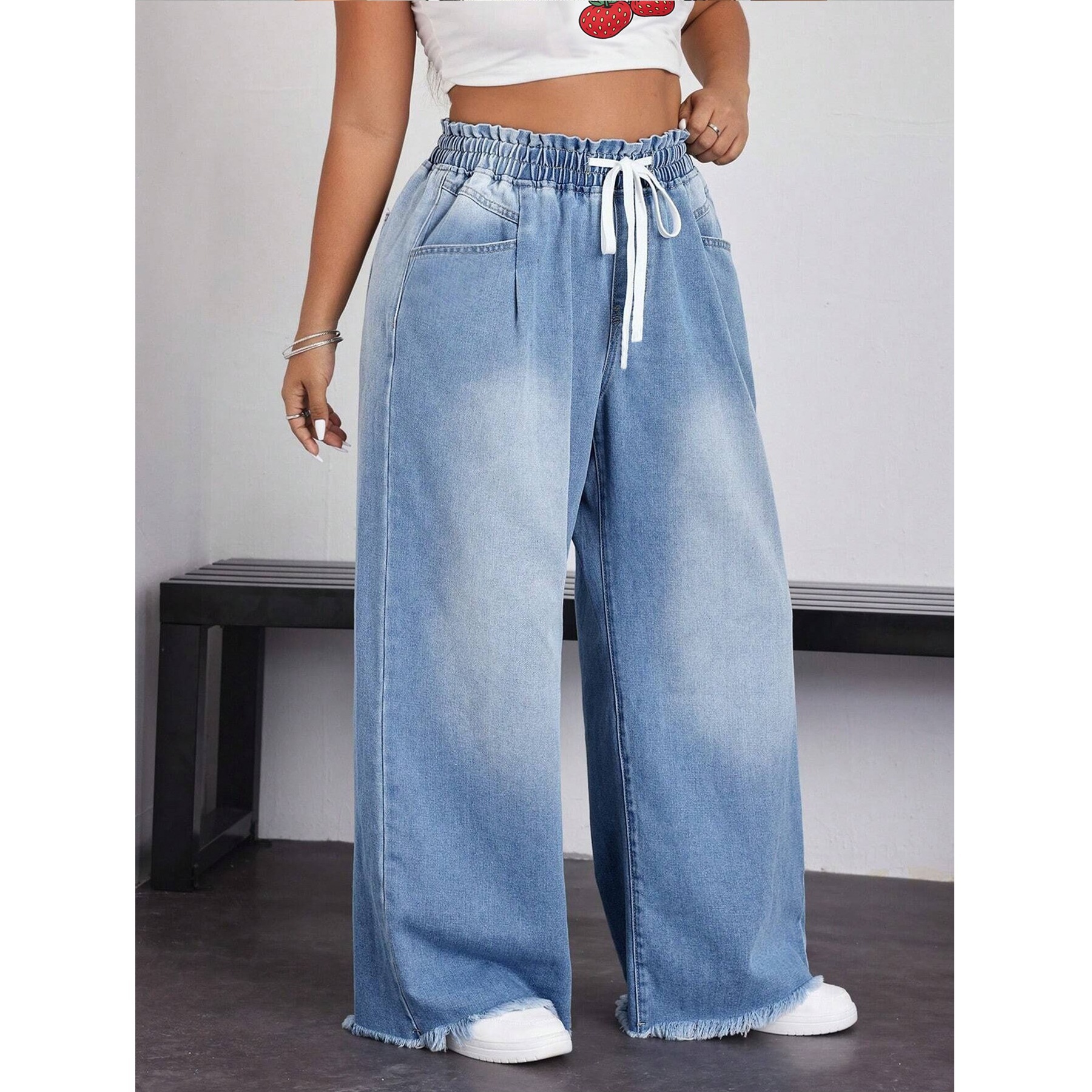 Women's Drawstring Wide Leg Jeans Distressed Raw Hem Trousers - Image 5