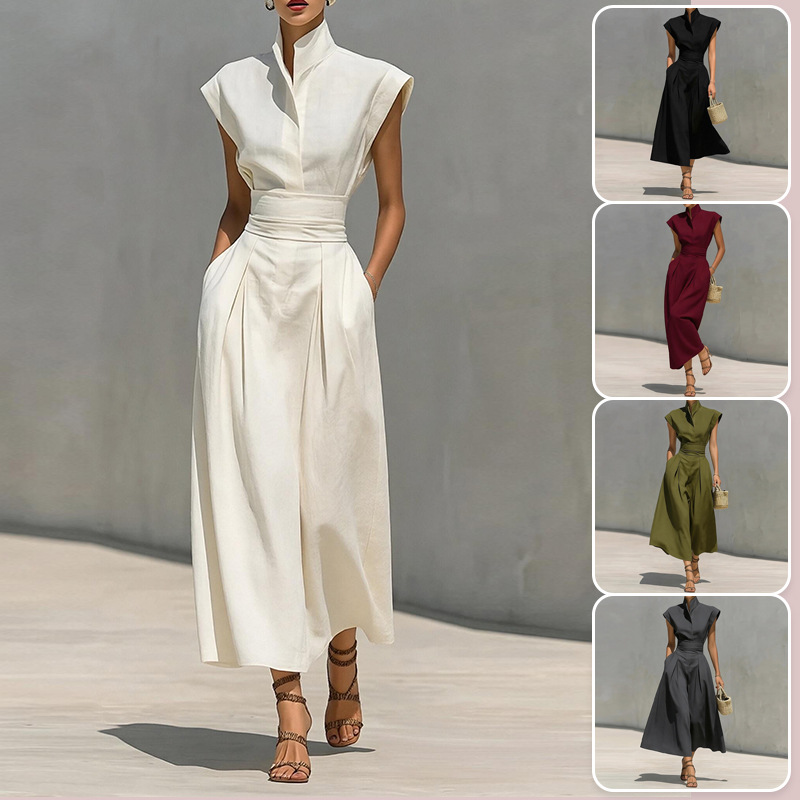 Elegant Stand Collar Flutter Sleeve Dress