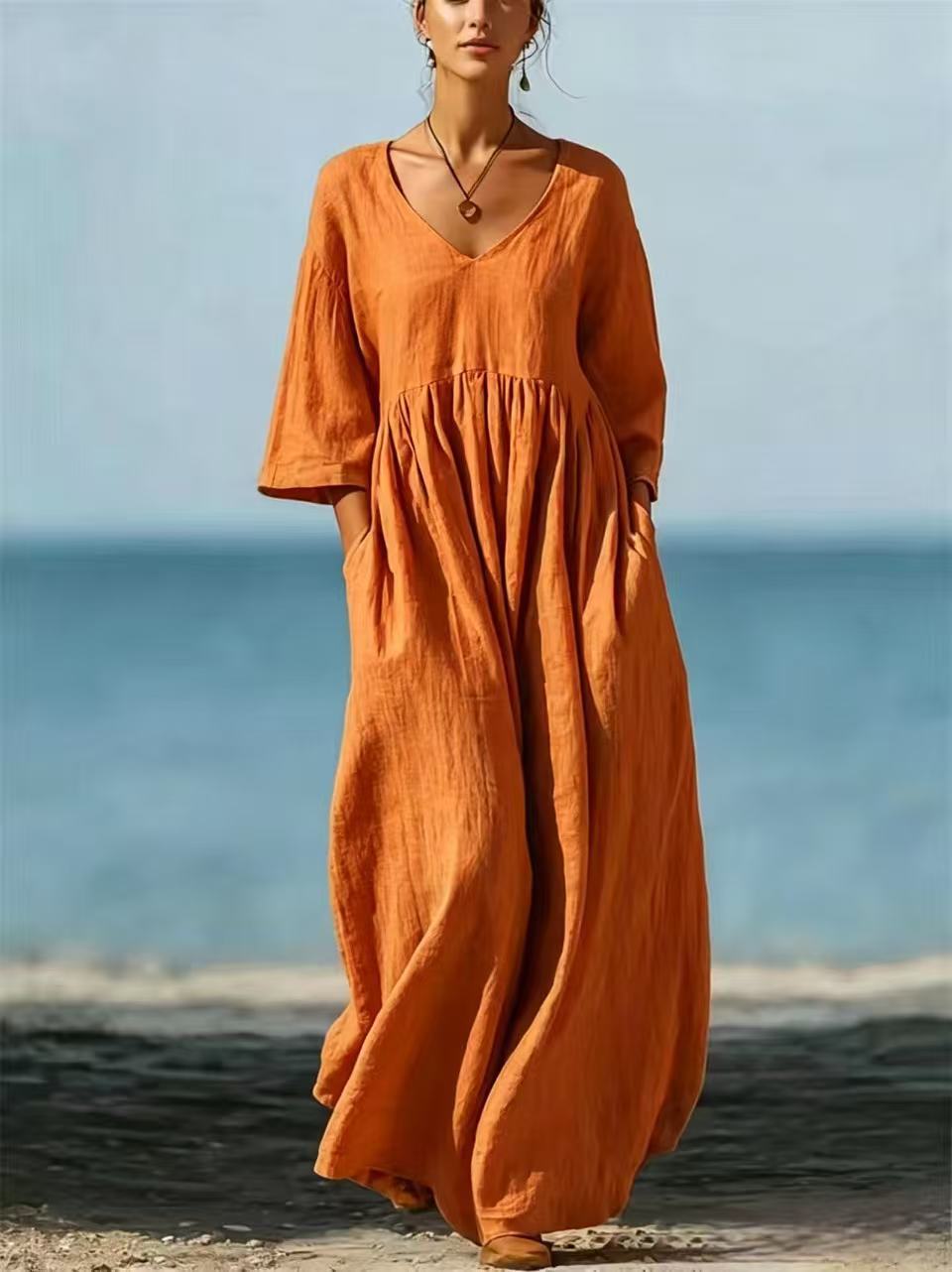V-Neck Half-Sleeve Casual Loose Long Cotton-Linen Blend Dress - Image 5