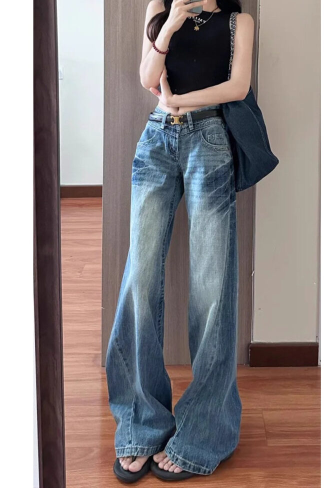 Vintage Washed Blue Wide Leg Denim Pants Detail – La Rose Couture Trousers & Skirts