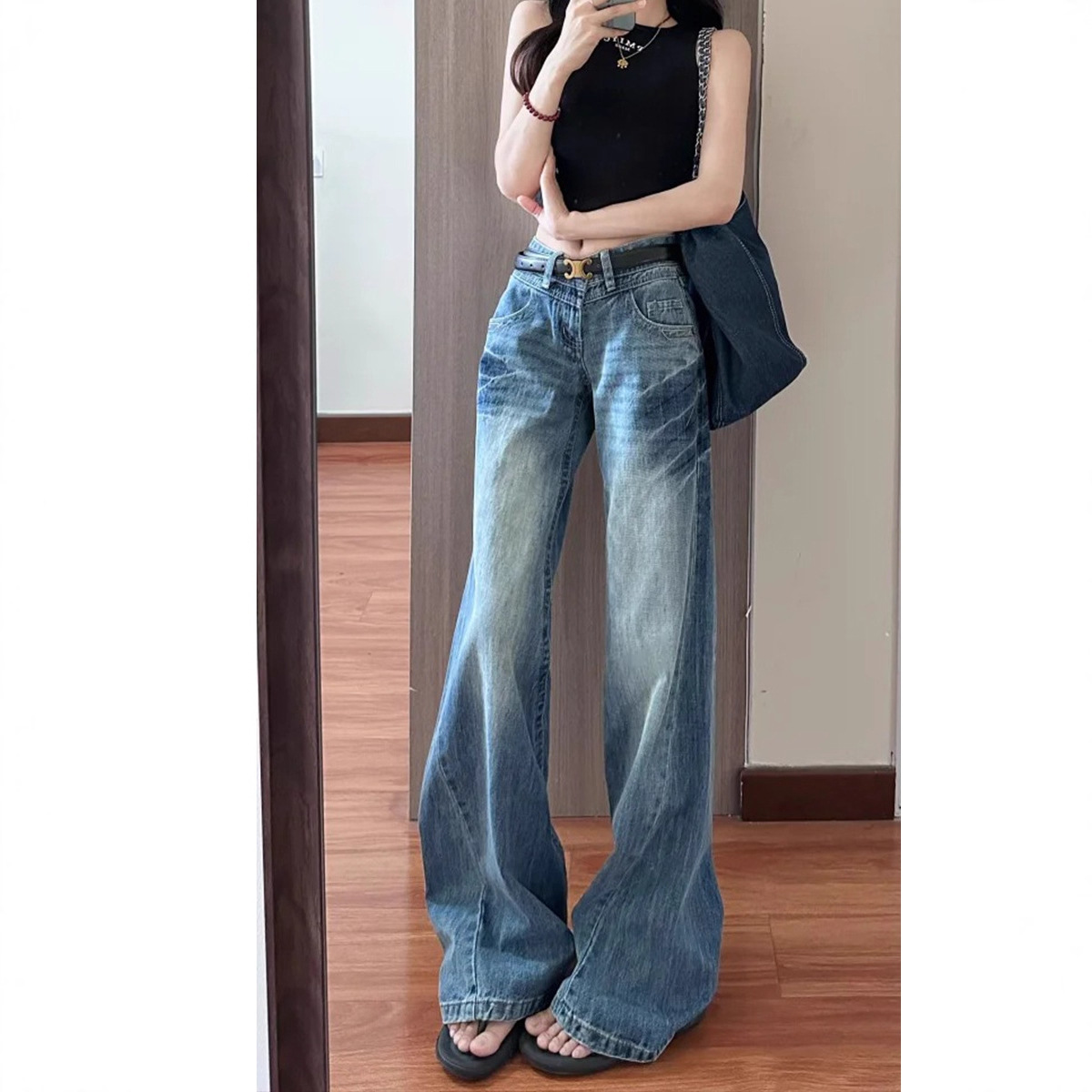 Vintage Washed Blue Wide-Leg Denim Pants - Image 3
