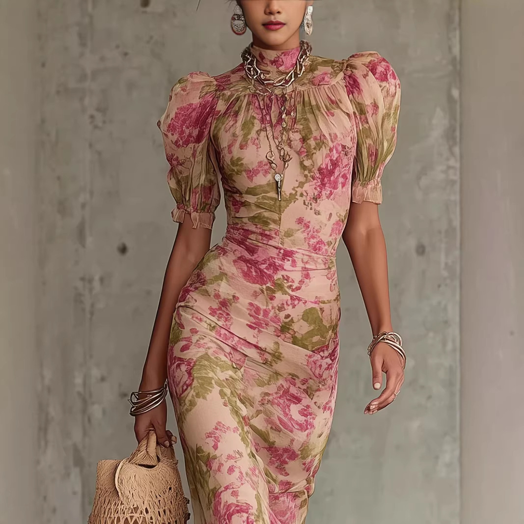 French Floral Puff Sleeve Slim Fit Long Dress - Image 5
