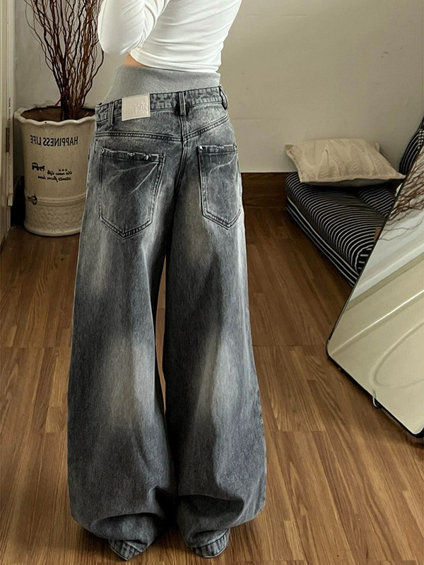 Vintage Washed Double-Waistband Wide-Leg Women's Jeans - Image 3