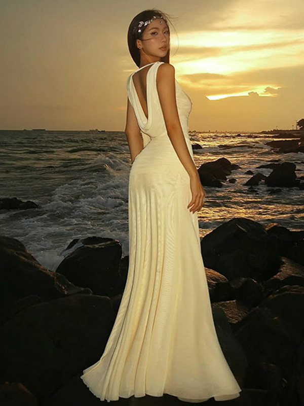 Elegant V-Neck Backless Mesh Long Dress - Image 2