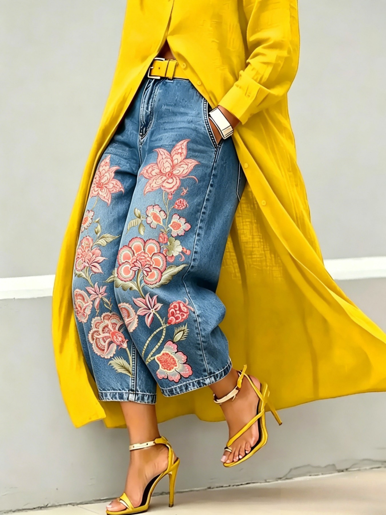Straight-Leg Pants, Mid-Waist Wide-Leg Denim Cropped Pants