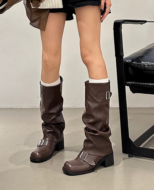 The Adele Thick Heel Round Toe Over the Knee Knight Boots Detail – La Rose Couture Shoes & Footwear
