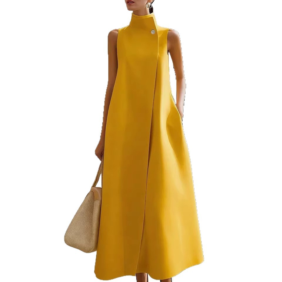 Elegant Stand Collar Button Vest Dress - Image 2