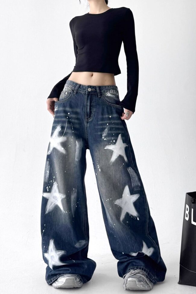 The Oceane Retro Star Graffiti Wide Leg Jeans Detail – La Rose Couture Trousers & Skirts