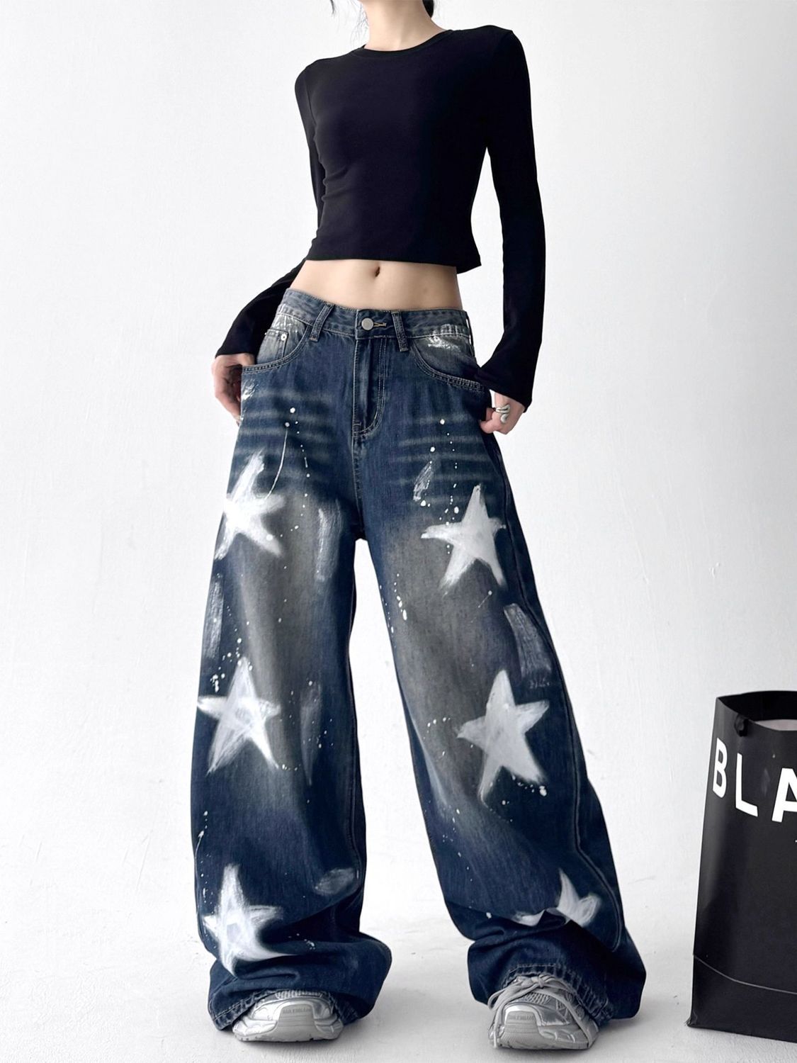 Retro Star Graffiti Wide Leg Jeans - Image 3