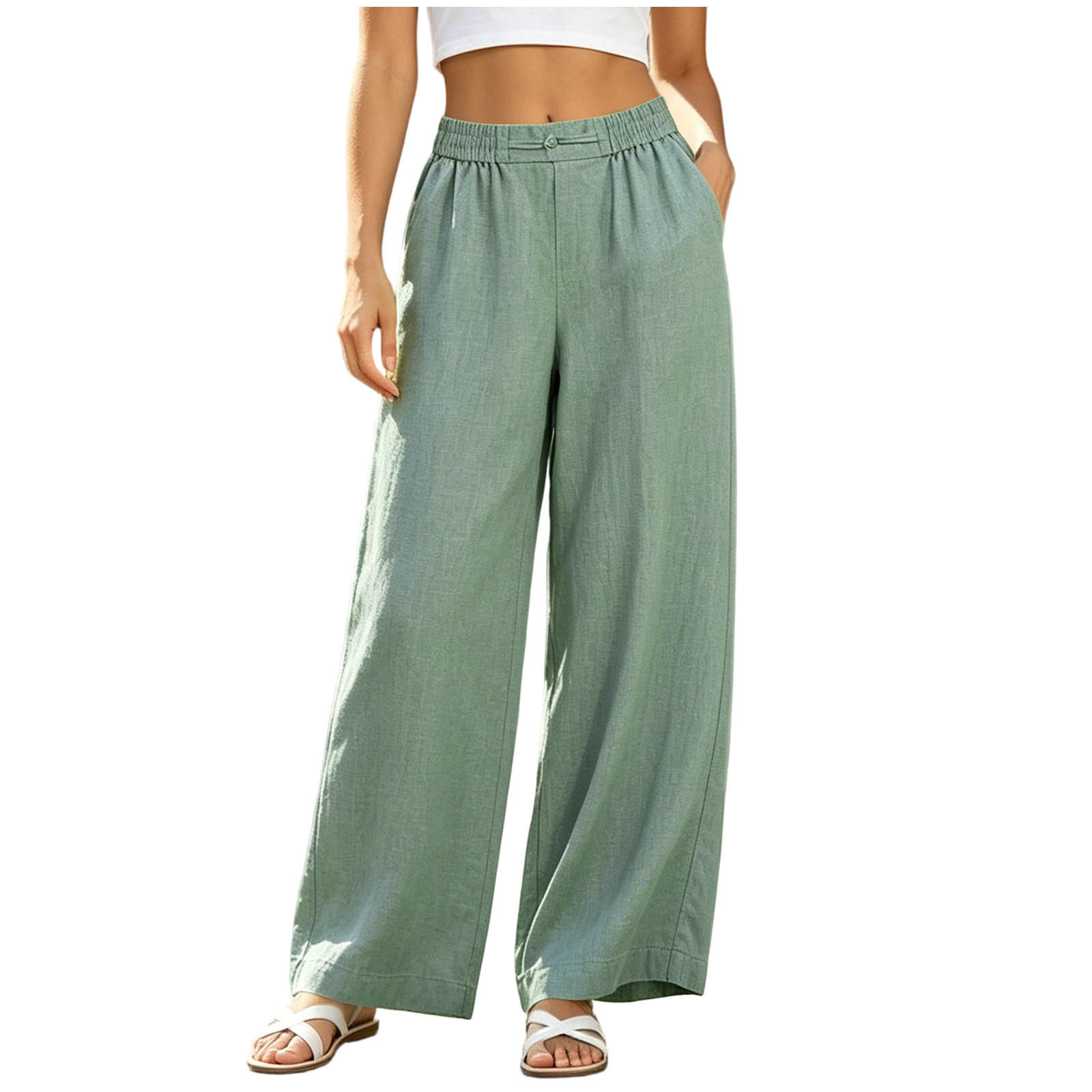 Womens Solid Color High Waist Straight Leg Casual Pants - Image 5