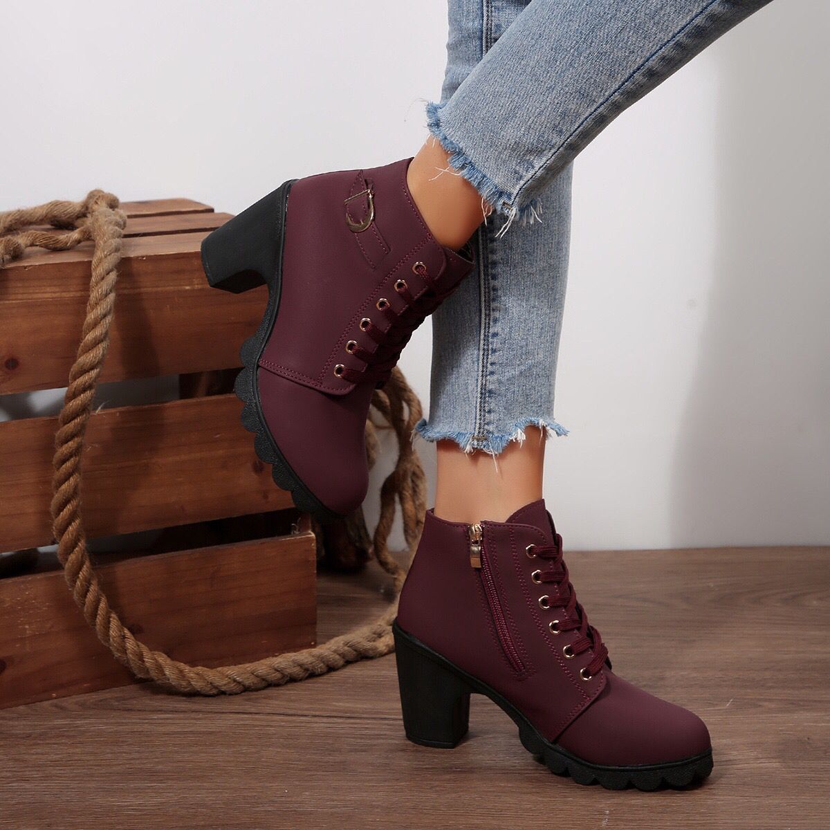 Womens High Heel Ankle Boots with Cross Strap - Image 2
