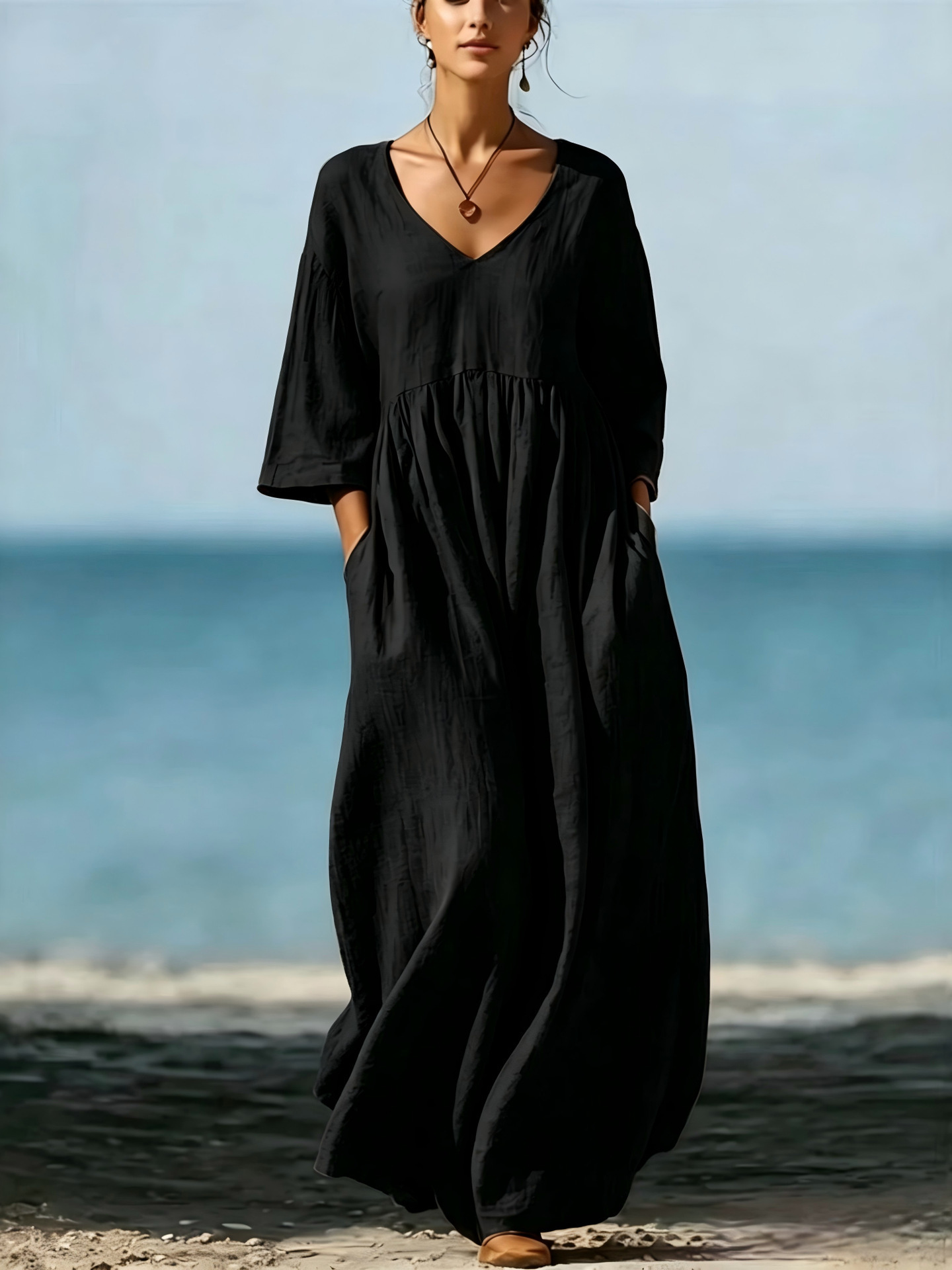 V-neck five-button casual loose pure-color dress - Image 2