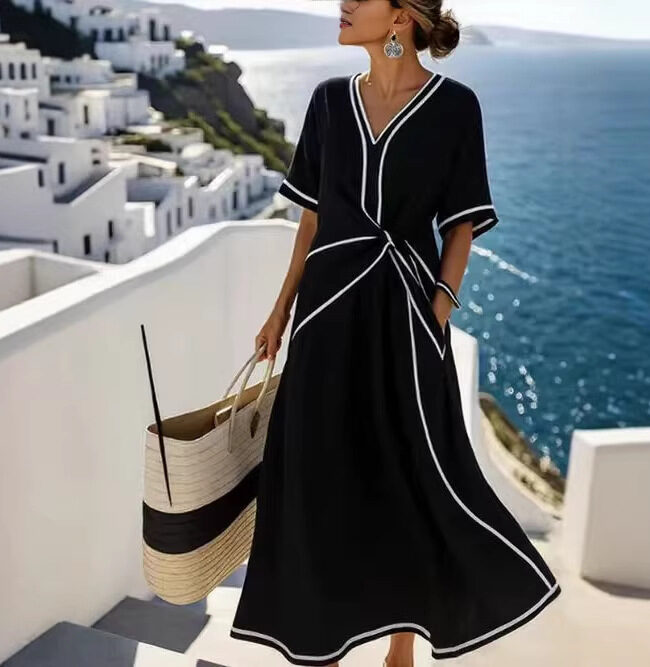 The Veronique Elegant V Neck Short Sleeve a Line Dress Loose Fit Detail – La Rose Couture Dresses & Gowns