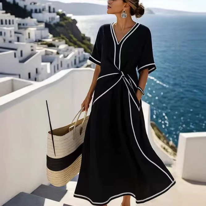 Womens Elegant V-Neck Short Sleeve A-Line Dress Loose Fit - Image 5